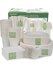  Eco-Friendly Paper Plates Napkins Cups and Re-Usable Cutlery Set, Dinning Set