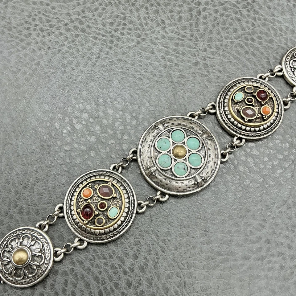 Pulsera medallón boho marca Lucky cierre palanca tono plata turquesa declaración Foto 4 de 4