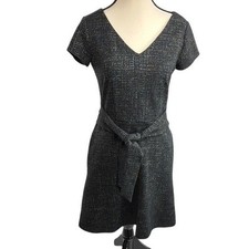 LOFT Womens Dress Size 0 Black Metallic Tweed V Neck Tie Waist Career Party
