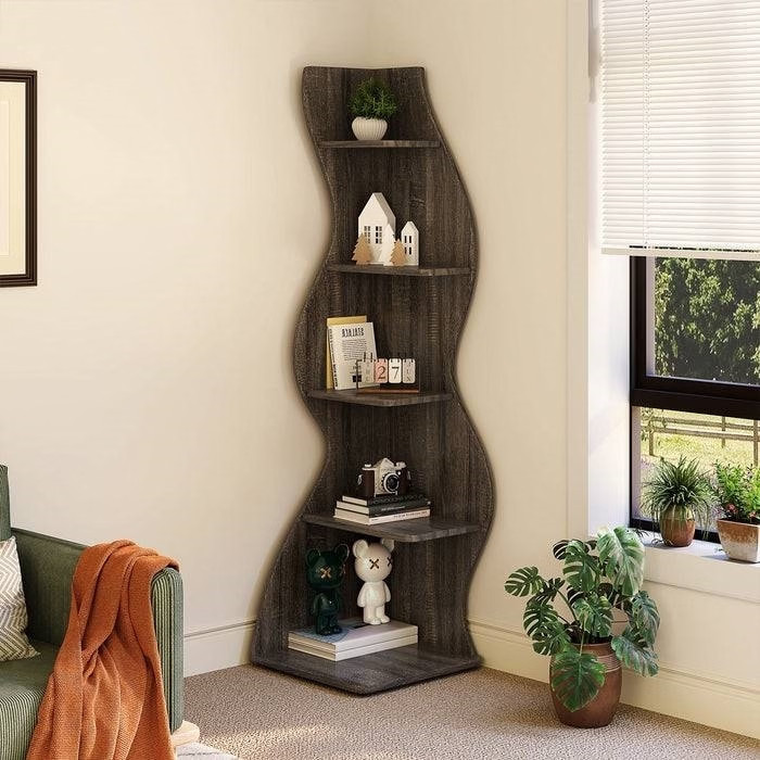 Modern 5 Shelf Corner Bookcase in Grey Wood Finish