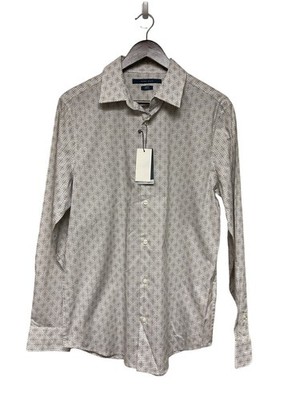 Perry Ellis Men's Shirt Dress Bright White Geometric Slim Fit Stretch Medium NEW