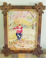 Vtg Style Adirondack/Black Forest Hand Crafted Frame w/Orig Watercolor Art Large