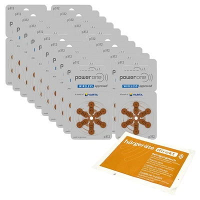POWERONE 120x Power One P312 VARTA braun Hörgerätebatterien (20x6er Bl.)+Reinigungstuch