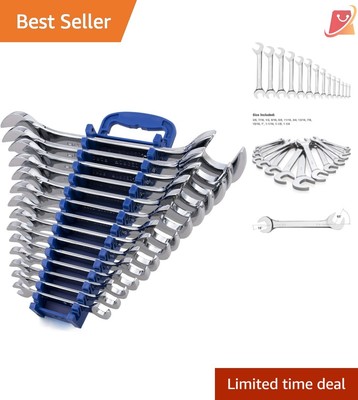 14-Piece SAE Open End Wrench Set Chrome Vanadium Angled Heads Storage Rack