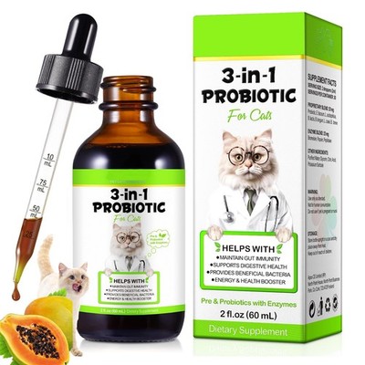 Natural Cat Probiotic Drops - 3 in 1 Supplement for Gut Health  Diarrhea Relief