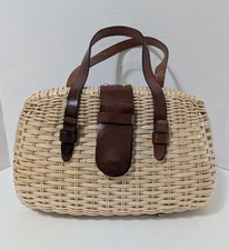 Vintage Lacquered Wicker Handbag Leather Handles And Accents Hong Kong