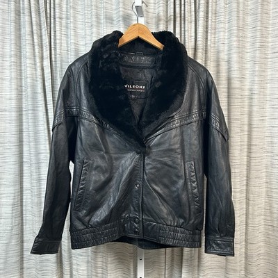Wilson's Women's Lg Heavy Black Leather Coat Removable Fur Collar, Zipout  Liner