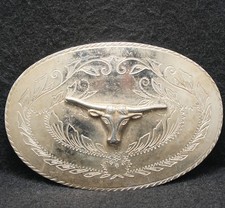 XD29108 VINTAGE 1970s  LONGHORN STEER  WESTERN ANIMAL SILVERTONE BELT BUCKLE