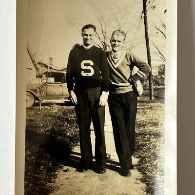 Vintage Sepia Snapshot Photograph Handsome Young College Men Note Back Topeka KS