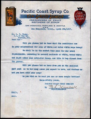 1917 San Francisco - Pacific Coast Syrup Co Tea Garden Brands Color Letter Head
