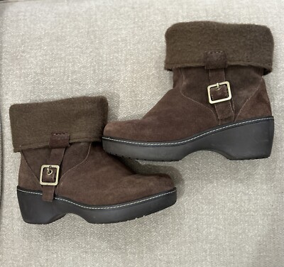 Crocs Cobbler Brown Suede Boots, Fold Over Ankle, Knot Top, Slip On, W 10, Cozy