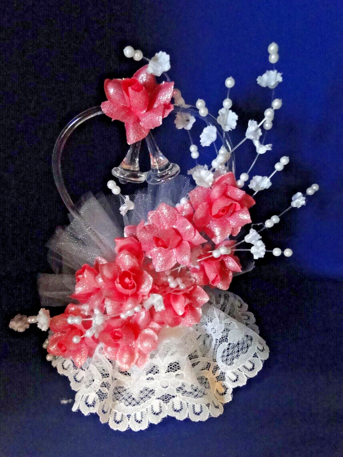 New Elegant Blown Glass heart & double bells, Bright Pink floral Wedding Caketop