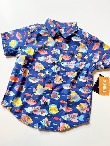 Gymboree Boys sz 7 Splish Splash Fish Button Up Shirt NWT Cobalt Blue Beach Top - Picture 3 of 3