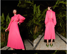 FARM RIO STRONG SHOULDER PADS LONG SLEEVE CUTOUT PINK MAXI DRESS sz S