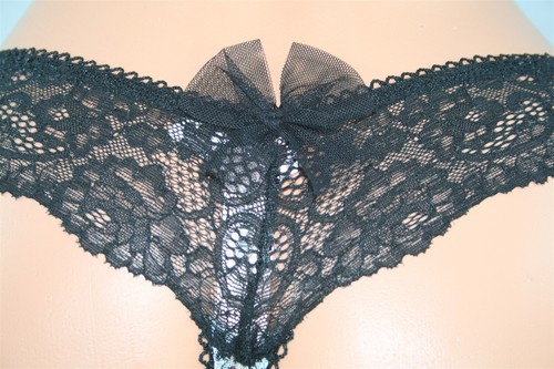 Gray Victoria's Secret Thong/String Black Hearts, Loops, Lace & Mesh Bow Back -S - Picture 3 of 3