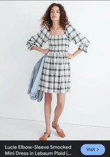 NWT Madewell XS Lucie Elbow Sleeve Green Lebaum Plaid Smocked Cottagecore Dress