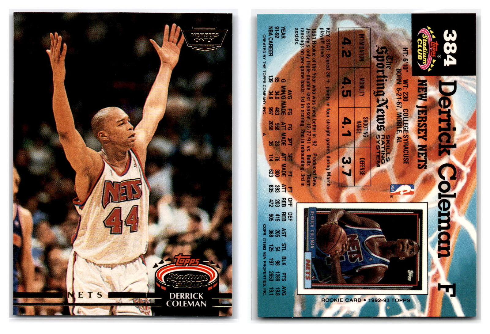 1992-93 Stadium Club Members Only #384 Derrick Coleman - New Jersey Nets