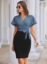 GRACE KARIN Womens Pencil Dress Flutter Sleeve Knee Length Blue Black Stretch