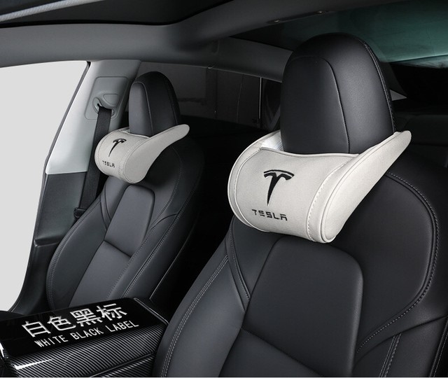 1Pc White+Black Font Tesla Car Seat Headrest Pillow Neck Rest Leather