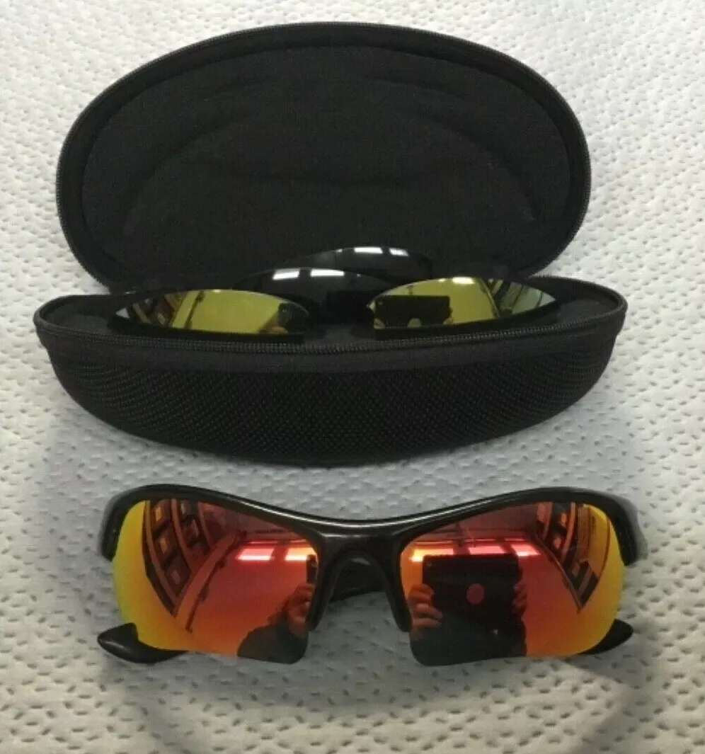 Oakley Flak Jacket Black Frame Sunglasses with Case & NEW Gray,Green,Red Mirror