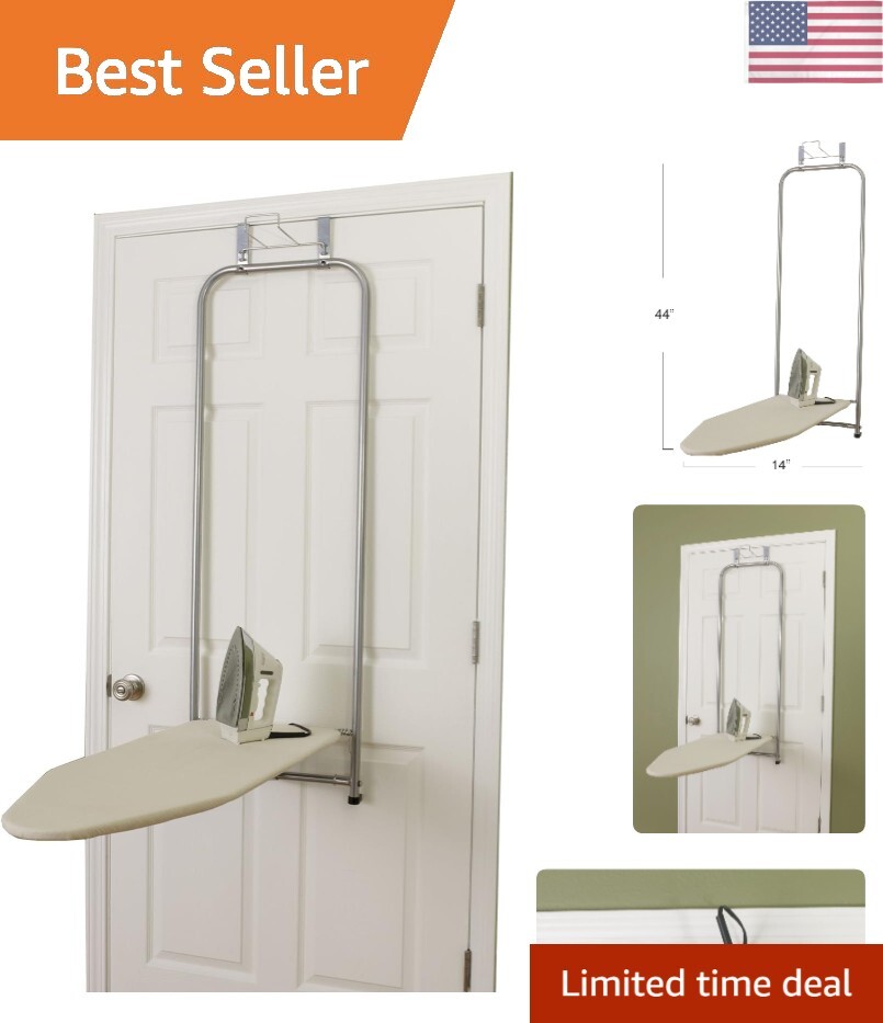 Over The Door Small Ironing Board with Iron Holder, Natural Cotton Cover Silver-image