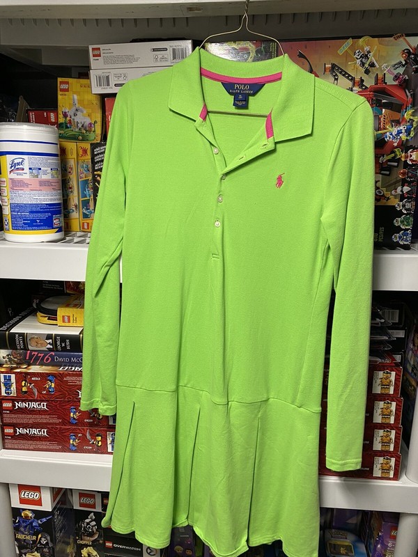 Pre-Owned Ralph Lauren Girl XL(16) Polo Dress Green Long Sleeve Pink Horse