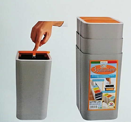 Cestino Porta Rifiuti Tripla Raccolta Differenziata Con Coperchio Per Casa E Ufficio – 35L – EcoBinSpin+