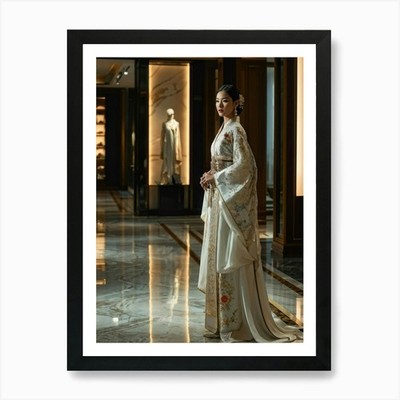 Asiatische Frau steht in einem luxuriösen gerahmten Wandbild Poster Leinwanddruck Bild