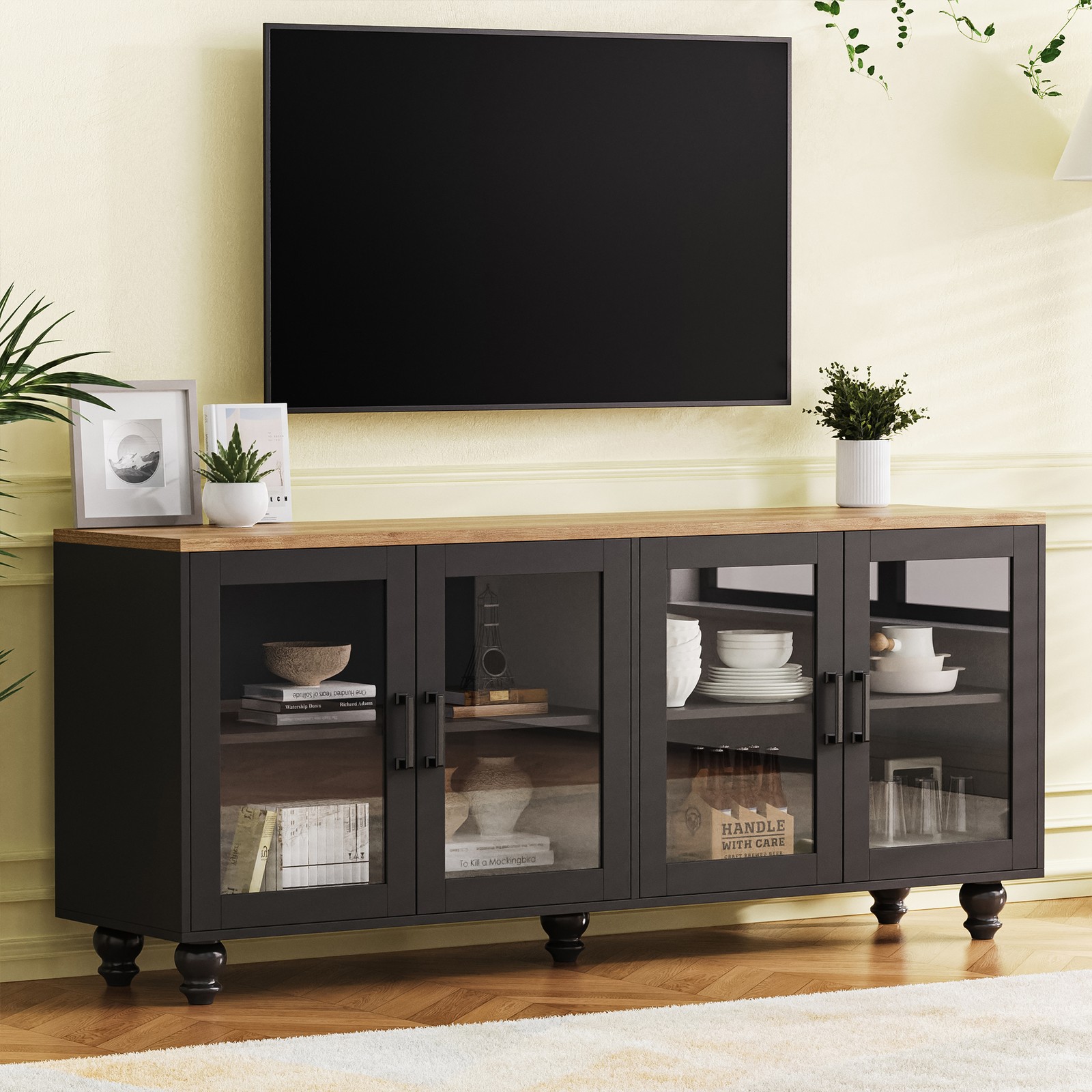 With Tempered Glass Doors 63" L X 18" W X 30" H Black Walnut