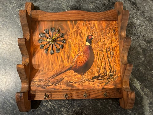 Vintage Wood Pheasant Bird Wall Mount Key Holder Clock Hunting Cabincore
