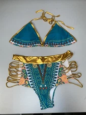 Zando Women's XL Metallic Tribal Print Cutout Halter Neck 2 Piece Bikini New