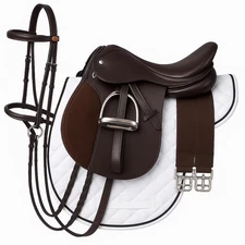 Brown Leather English Saddle Set wth Bridle, Girth, Stirrups Complete Riding kit