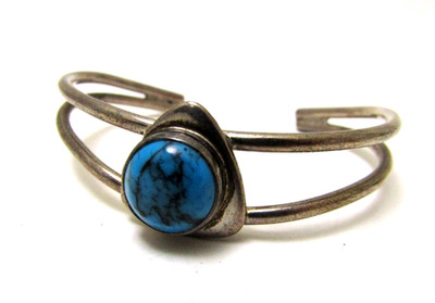 Taxco Mexico Sterling Silver 925 Cuff Bracelet Blue Stone TH-112 18.5g