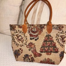 Vintage USA made Christmas tapestry zip top purse holiday Santa Claus Tree Bells