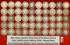 Barber Silver Dimes Roll Lot of 50 FULL DATE 1892-1916 PDO Coins BEAUTIFUL #B20