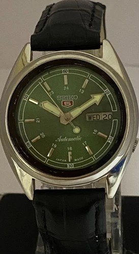 Vintage Seiko5 Green Dial Day&Date 7009 Leather Strap "Serviced" Automatic Watch