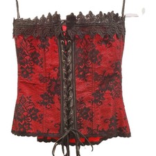 Frederick's of Hollywood Size 34 Corset Red Brocade Floral Lace Up Burlesque
