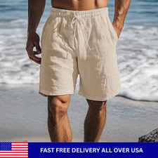 Men Cotton Linen Shorts Summer Casual Lightweight Breathable Beach Wear