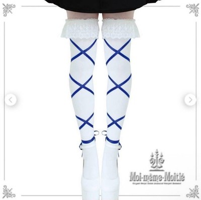 Moi-meme-Moitie Lace Ribbon Over Knee Socks Blue White New | eBay