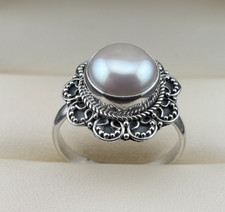 Vintage Handmade Sterling Silver  9 mm Natural Pearl Ring Sz. 7 - 4.1 Grams