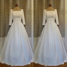 Simple Wedding Dresses Short Sleeves Satin A Line Square Neck Bridal Gowns