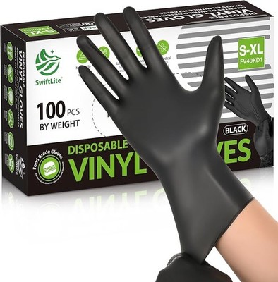 Black Vinyl Gloves, Food Grade Gloves Disposable Latex Free & Powder Free (S-XL)