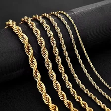 14K Yellow Gold GP, Rope Chain Solid Necklace 18-24in Mens Womens Boys Girls