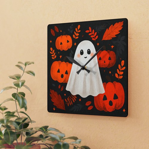 Halloween Ghost Wall Clock Acrylic Round or Square Décor High-End Durable - Picture 4 of 9