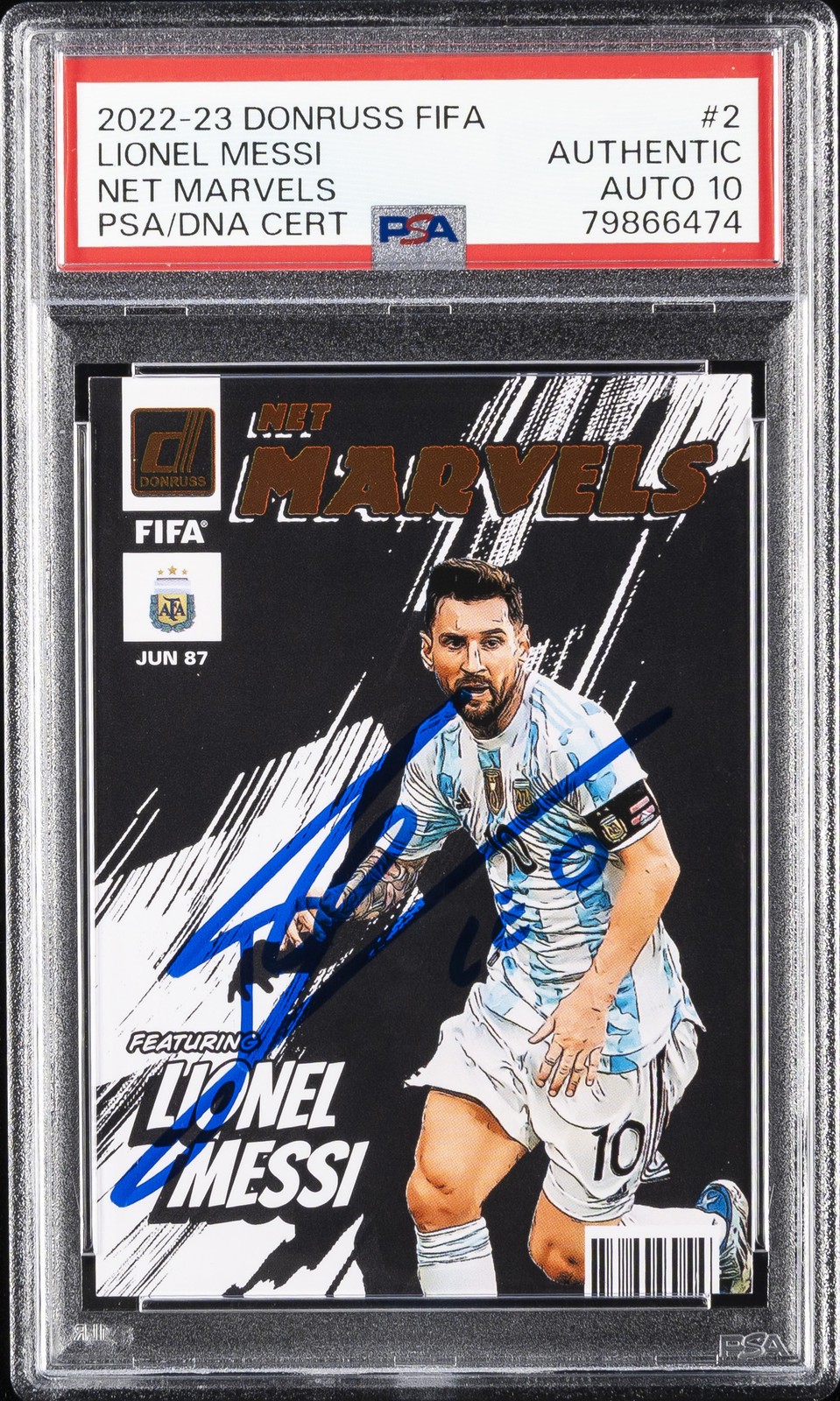 2022 PANINI DONRUSS FIFA NET MARVELS #2 LIONEL MESSI PSA AUTHENTIC AUTO 10