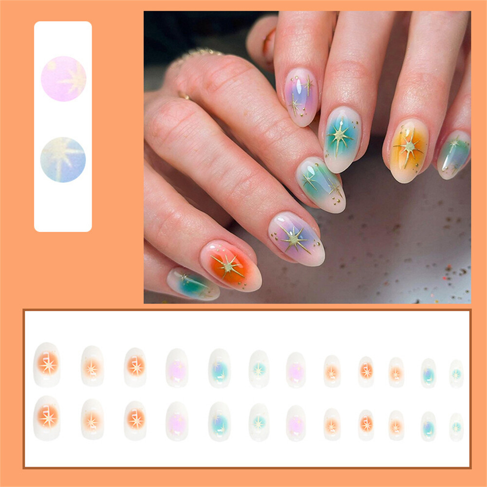 Almond Short False Nail Colorful Glitter Stars Press on Nails for Nail