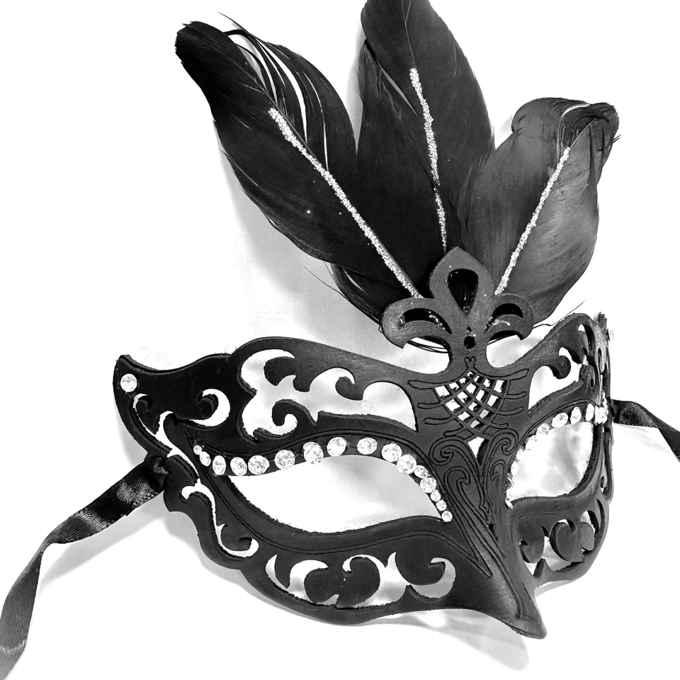 Ladies Masquerade Black Eyemask With Feather Fancy Dress Sequins 20s Halloween - Image 2 of 3