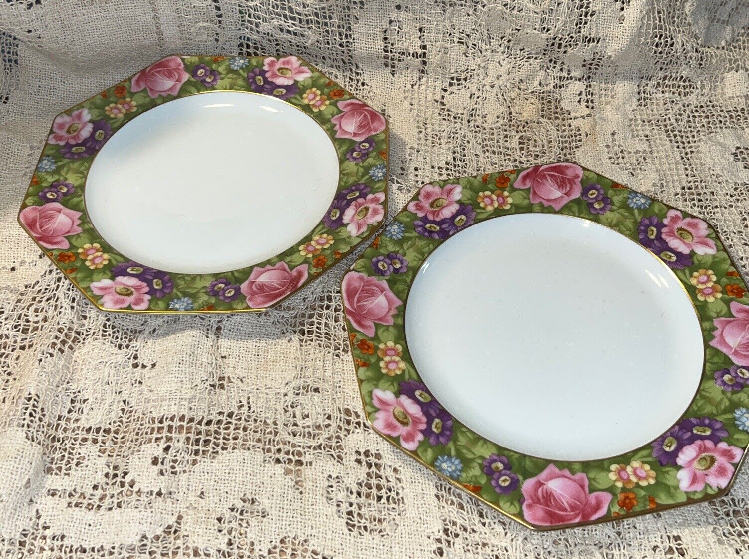 SET OF 2 ROSENTHAL MULTI COLORED FLORAL 8.5/8” OCTAGONAL LUNCHEON PLATES