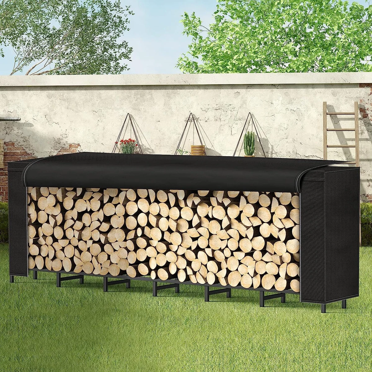 8-ft Firewood Rack Outdoor w/ Cover Fire Wood Log Storage Rack