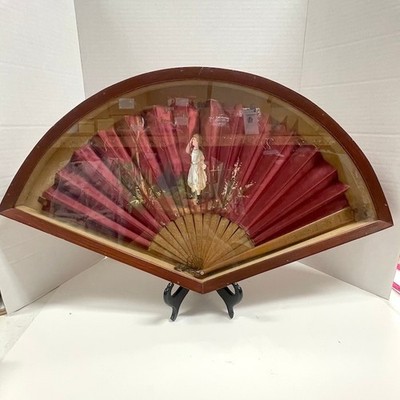 24'' Antique Victorian-era Hand Held Folding Fan 19th Century in Curved Shadowbox